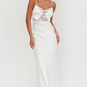 White Maxi Satin Dress with Lace Detailing